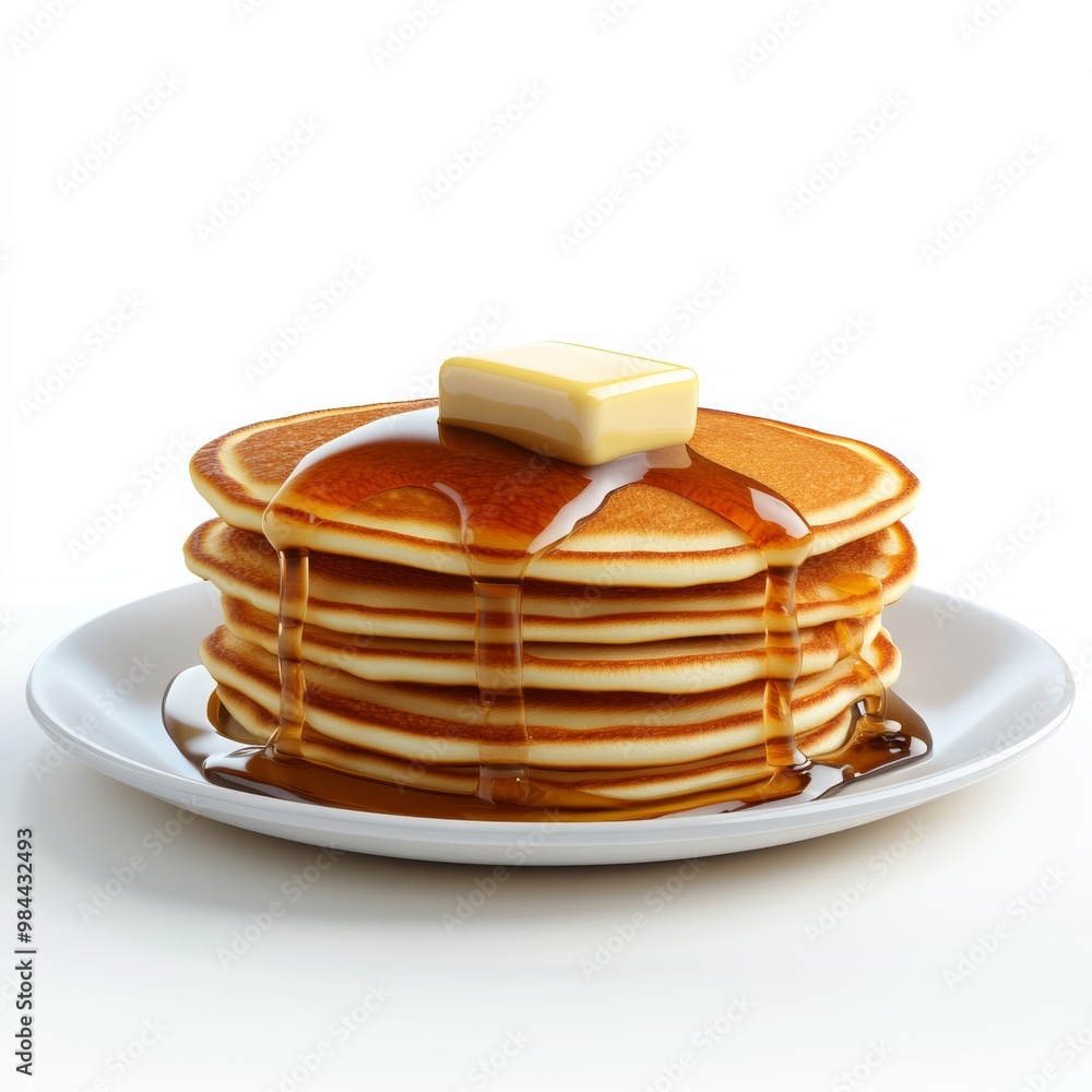 Poster detailed 3d rendering of a soft, fluffy pancake stack with syrup and butter, isolated on white