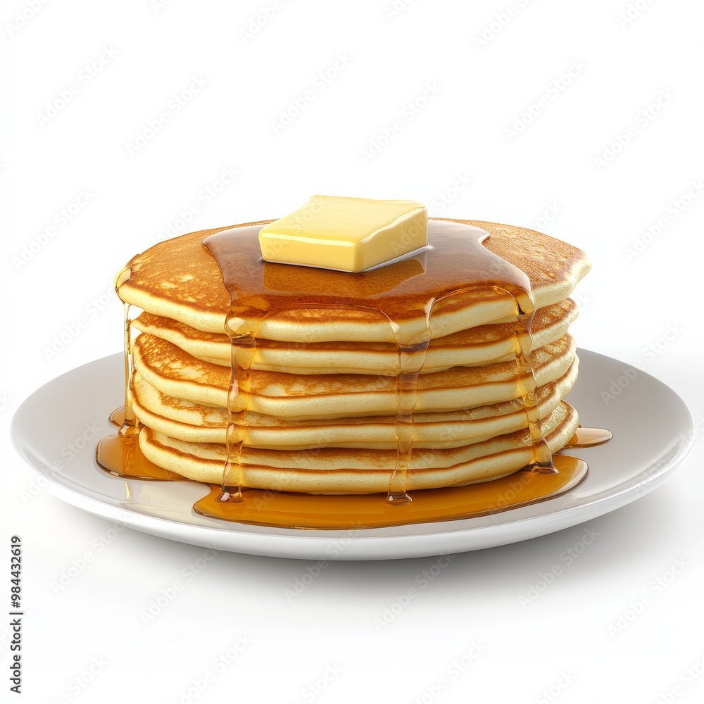 Poster detailed 3d rendering of a soft, fluffy pancake stack with syrup and butter, isolated on white