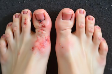Naklejka premium Close-up of a foot with a scab, highlighting skin conditions and potential infections