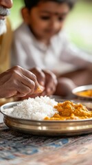 Indian family sitting on the floor, enjoying a traditional thali meal together, emphasizing cultural heritage