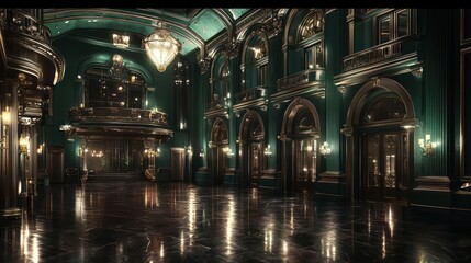 Obraz premium A grand ballroom with a dark green exterior, part of a historic hotel, designed for glamorous events and gatherings, set in a metropolitan city