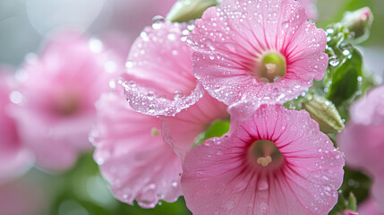 Close-up of pink flowers with droplets, showcasing nature's beauty.
