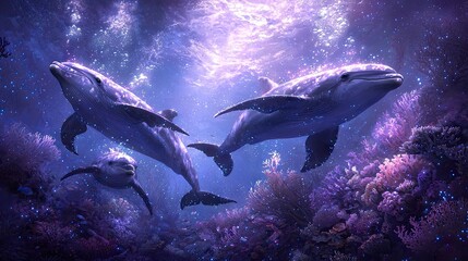 Naklejka premium A magical underwater Christmas scene with marine creatures like dolphins and turtles decorating coral reefs with glowing ornaments and seaweed garlands, Santa wearing a diving suit delivering gifts to