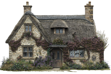 Charming thatched cottage surrounded by vibrant flowers, showcasing rustic architecture and idyllic countryside charm.
