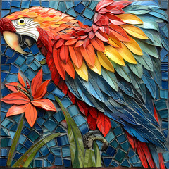 Obraz premium Mosaic artistic image of narrow border of Scarlet Macaw feathers and tiger lilies