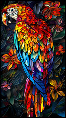 Obraz premium Stained glass vector-style image of beautiful Scarlet Macaw bird tail, tropical flowers, bird feathers, color coordinated abstract expressionism surrealism apophysis paisley design