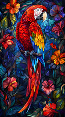 Obraz premium Stained glass vector-style image of beautiful Scarlet Macaw bird tail, tropical flowers, bird feathers, color coordinated abstract expressionism surrealism apophysis paisley design