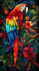 Obraz premium Stained glass vector-style image of beautiful Scarlet Macaw bird tail, tropical flowers, bird feathers, color coordinated abstract expressionism surrealism apophysis paisley design