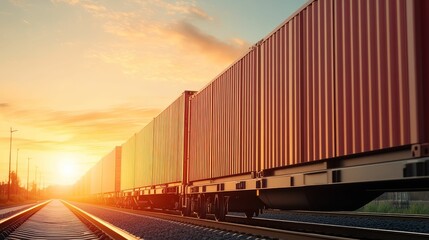 Fototapeta premium Chinese freight train transporting shipping containers, multimodal logistics