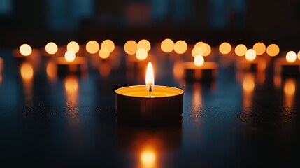A single tea light candle glowing in the dark, surrounded by softly lit candles in the background, symbolizing hope and resilience