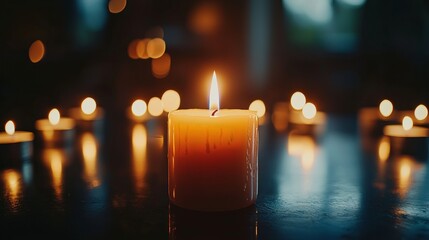 Lone candle glowing in a dim room with extinguished candles around it, representing perseverance and strength in adversity