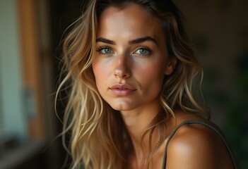 Fototapeta premium A young woman with flowing blonde hair gazes softly into the camera. Her green eyes are striking, with delicate freckles scattered across her nose and cheeks.