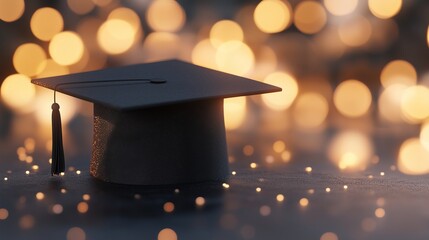 Black graduation cap on a blurred bokeh background.