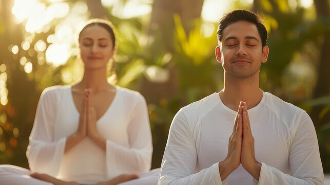 Indian couple practicing partner yoga in a serene garden, emphasizing connection and wellness - Powered by Adobe