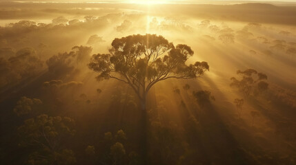  Bush Dawn: Sunlit Eucalyptus TreeEmerges Through Foggy Aerial Vista