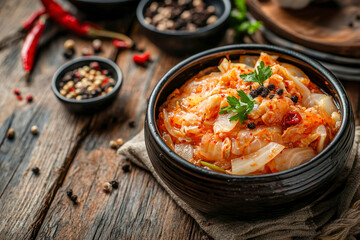 Kimchi on wood background.