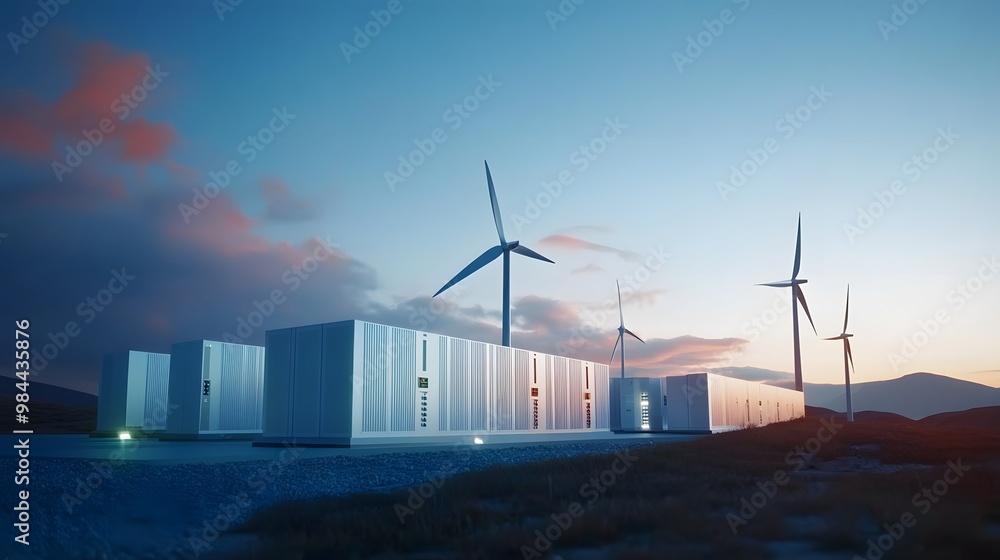Poster a group of wind turbines are in the water, with a large building in the background. scene is calm an