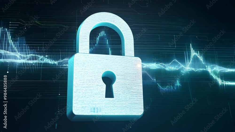 Poster A metallic padlock signifies enhanced cybersecurity, surrounded by digital soundwave patterns, representing a secure online environment focused on data protection.
