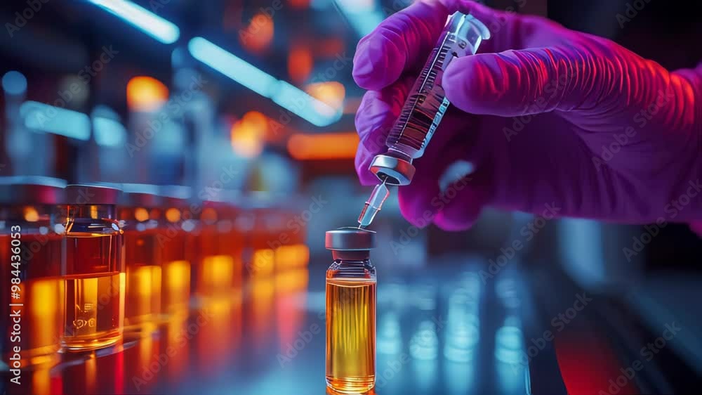 Poster a syringe being carefully inserted into a vial of vaccine solution in a laboratory environment