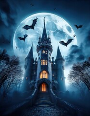 Fototapeta premium Spooky haunted castle with full moon, ghosts, bats, and eerie atmosphere, perfect for Halloween or horror-themed projects 