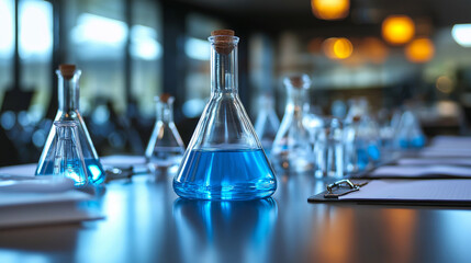 Scientific and science tools on a meeting table representing the role of scientific advisory boards in business strategy and innovation in industry at top level of management background