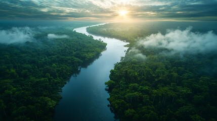 Serene aerial perspective of the Amazon River cutting through dense tropical rainforest at dawn