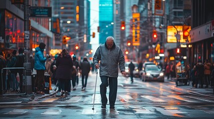 Obraz premium Man with visual impairment using a white cane to cross a crowded city intersection, emphasizing urban mobility