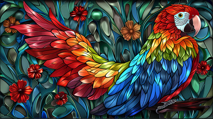 Obraz premium Stained glass vector-style image of beautiful Scarlet Macaw bird tail, tropical flowers, bird feathers, color coordinated abstract expressionism surrealism apophysis paisley design