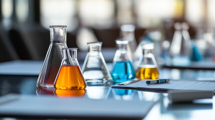 Scientific and science tools on a meeting table representing the role of scientific advisory boards in business strategy and innovation in industry at top level of management background