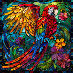 Obraz premium Stained glass vector-style image of beautiful Scarlet Macaw bird tail, tropical flowers, bird feathers, color coordinated abstract expressionism surrealism apophysis paisley design
