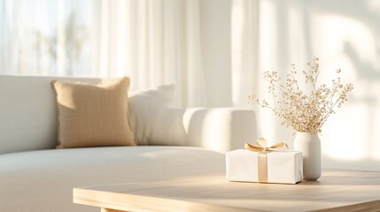 Elegant Minimalist Living Room with Wrapped Gift and Dried Flower Decor