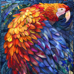 Stained glass vector-style image of beautiful Scarlet Macaw bird tail, tropical flowers, bird feathers, color coordinated abstract expressionism surrealism apophysis paisley design