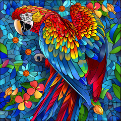 Fototapeta premium Stained glass vector-style image of beautiful Scarlet Macaw bird tail, tropical flowers, bird feathers, color coordinated abstract expressionism surrealism apophysis paisley design