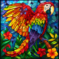 Obraz premium Stained glass vector-style image of beautiful Scarlet Macaw bird tail, tropical flowers, bird feathers, color coordinated abstract expressionism surrealism apophysis paisley design