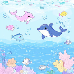 Playful dolphins swimming in a vibrant underwater scene with coral reefs and colorful fish
