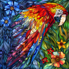 Stained glass vector-style image of beautiful Scarlet Macaw bird tail, tropical flowers, bird feathers, color coordinated abstract expressionism surrealism apophysis paisley design