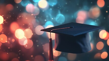 Black graduation cap on a blurred bokeh background.