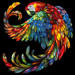 Obraz premium Stained glass vector-style image of beautiful Scarlet Macaw bird tail, tropical flowers, bird feathers, color coordinated abstract expressionism surrealism apophysis paisley design