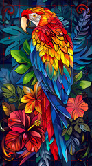 Obraz premium Stained glass vector-style image of beautiful Scarlet Macaw bird tail, tropical flowers, bird feathers, color coordinated abstract expressionism surrealism apophysis paisley design