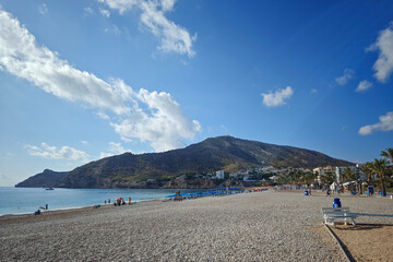 Fototapeta premium View to Albir seaside beach and Mediterranean Sea. Albir is stylish peaceful seaside resort of L'Alfas del Pi, Alicante province, Spain