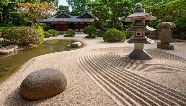 Peaceful Zen Garden with Raked Sand, Stone Lanterns, and Tranquil Water Features