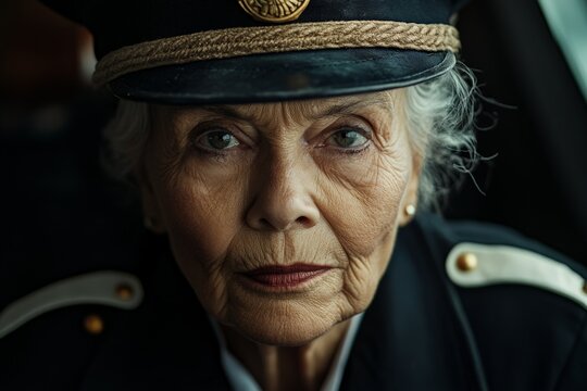 An elderly woman in a naval uniform with a commanding and dignified gaze, set against a dark background, exuding authority and wisdom.