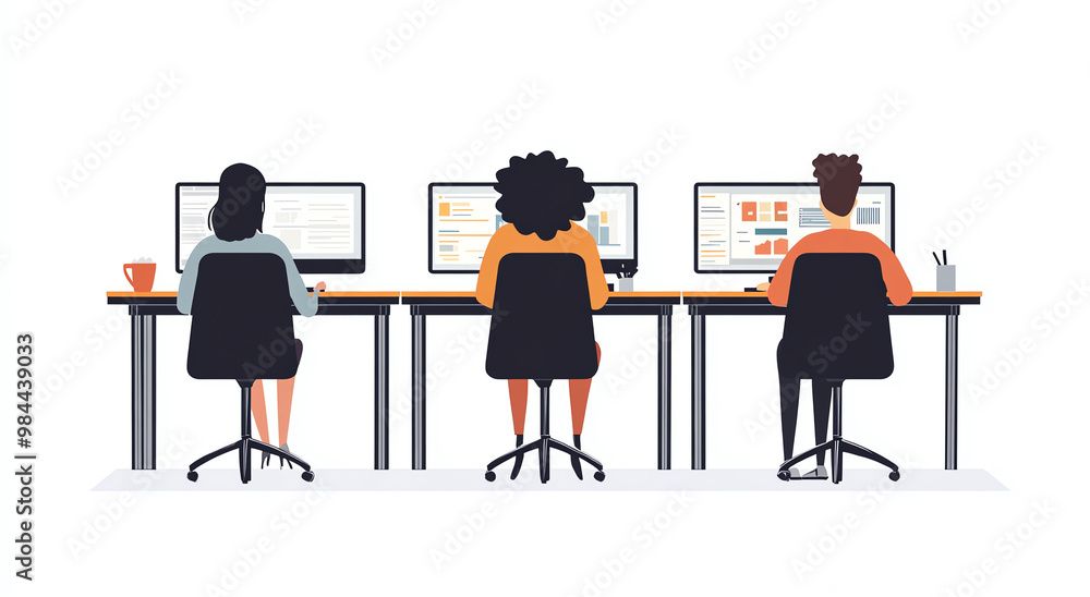 Poster diverse workers at desks with computers.