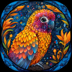 Fototapeta premium very bright and colorful mandala,very detailed high quality,object in center,Scarlet Macaw whole body