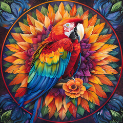 Fototapeta premium very bright and colorful mandala,very detailed high quality,object in center,Scarlet Macaw whole body