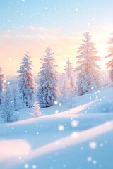 Fototapeta premium Snow-Covered Trees in Serene Winter Landscape with Falling Snowflakes at Sunset