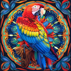 Fototapeta premium very bright and colorful mandala,very detailed high quality,object in center,Scarlet Macaw whole body