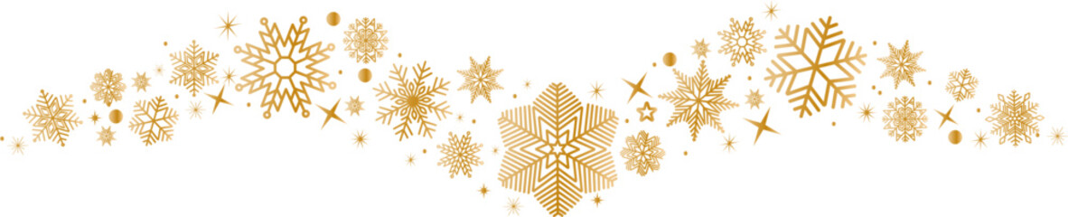 Snowflakes border in wave shape.Golden snowflakes with stars border. Golden snowflakes wave vector. Christmas decoration.	Template with a gold snowflake .