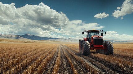 Obraz premium AI-powered tractors driving themselves across vast fields, performing tasks like plowing, seeding, and fertilizing