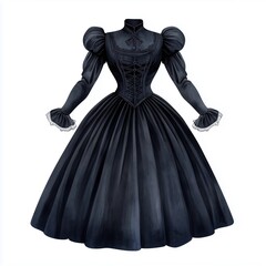Fototapeta premium Antique Victorian Dress with Puffed Sleeves and Detailed Embroidery in Black, Isolated on White, Watercolor Style